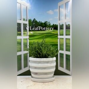 Stripangle White/Gray Ceramic Planter Pot with Saucer Attached